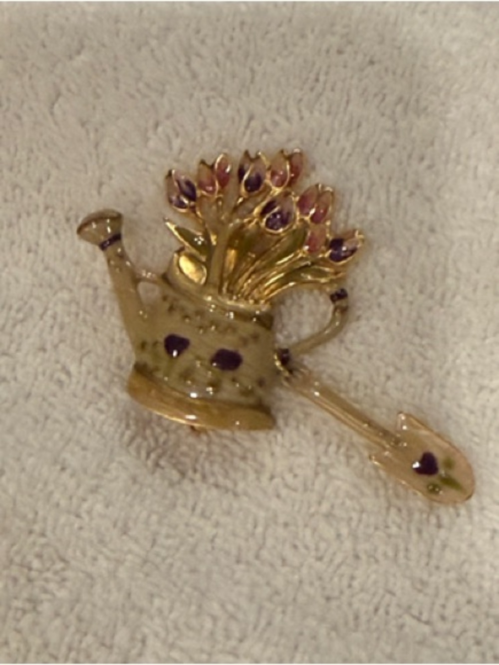 Gold-Tone Watering Can Brooch with Purple/Pink Accents